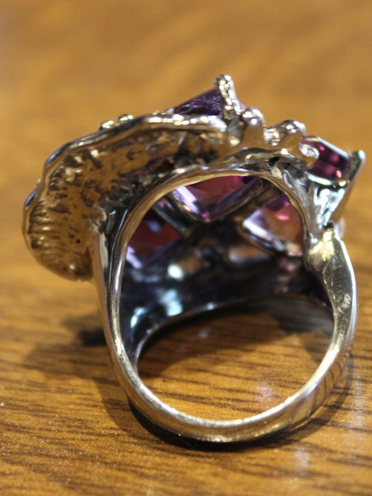 Artistic Silver Ring Natural Amethysts Spinels Sapphires Size 20