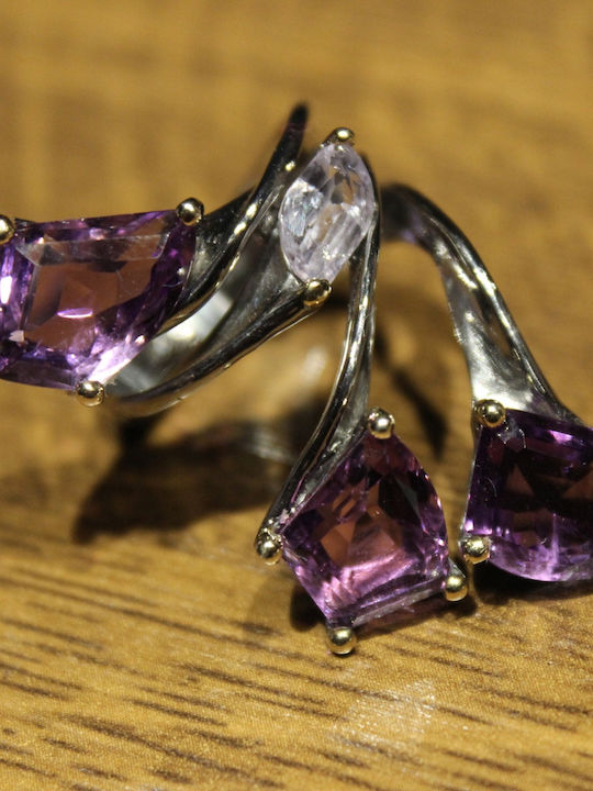 Artistic Silver Ring Natural Amethysts Spinel Size 15