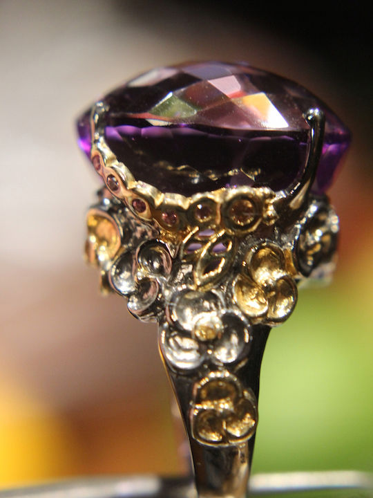Artistic Silver Ring Natural Amethyst Sapphires Size 16