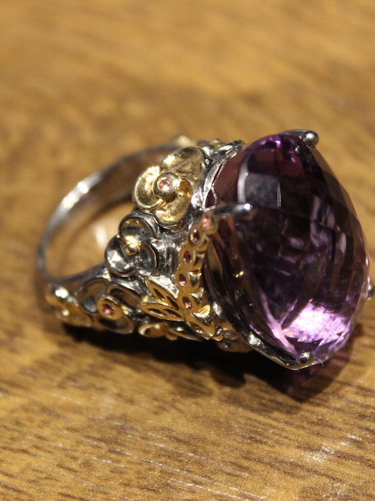 Artistic Silver Ring Natural Amethyst Sapphires Size 16