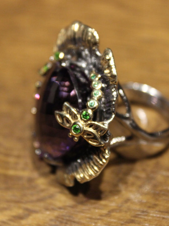 Artistic Silver Ring Natural Amethyst Diopside Size 14