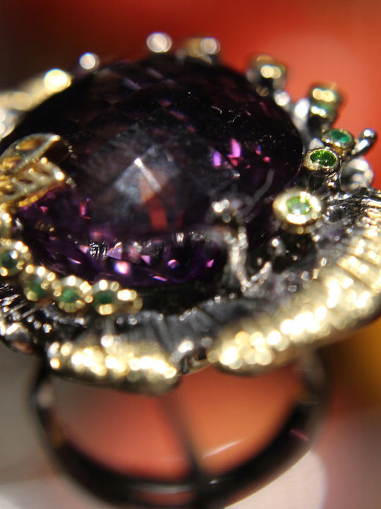 Artistic Silver Ring Natural Amethyst Diopside Size 14