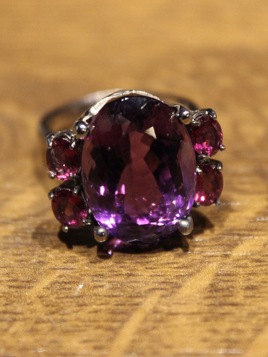 Artistic Silver Ring Natural Amethyst Garnets Size 16