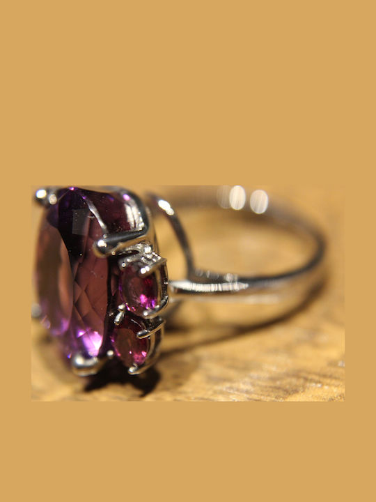Artistic Silver Ring Natural Amethyst Garnets Size 16