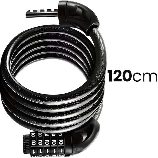 Avizar 120cm 5-digit Combination Spiral Cable Lock Iron Head Black