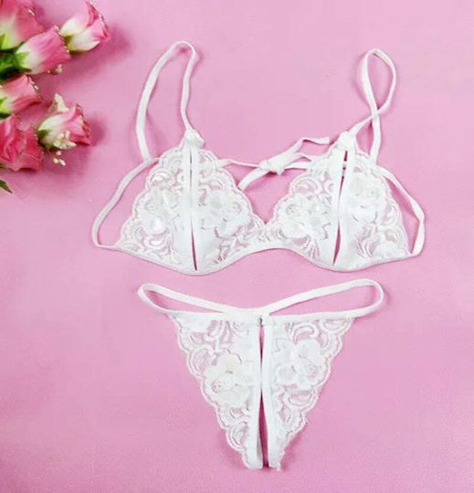 White Bra+underwear+socks Open See-through Bra Panty Set Os
