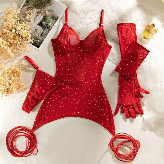 Steel Ring Sexy Bodystocking Lingerie Set Red