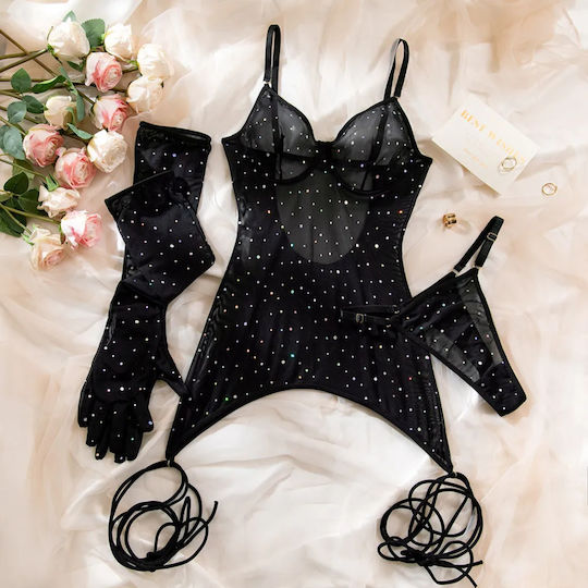 Steel Ring Sexy Bodystocking Lingerie Set Black