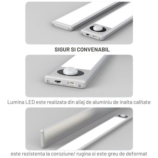 Dasbo Lampă Slim LED Cu Senzor De Mișcare Montare Magnetică LED-uri Puternice Wireless USB Reîncărcabilă Baterie Lumină Caldă Rece 3 Moduri De Iluminare 3000K-6000K Bucătărie Hol Cameră De Îmbrăcat Garaj Lungime 30 Cm