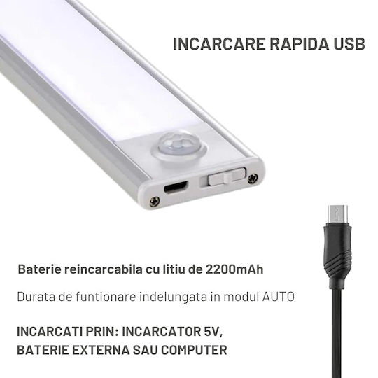 Dasbo Lampă Slim LED Cu Senzor De Mișcare Montare Magnetică LED-uri Puternice Wireless USB Reîncărcabilă Baterie Lumină Caldă Rece 3 Moduri De Iluminare 3000K-6000K Bucătărie Hol Cameră De Îmbrăcat Garaj Lungime 30 Cm
