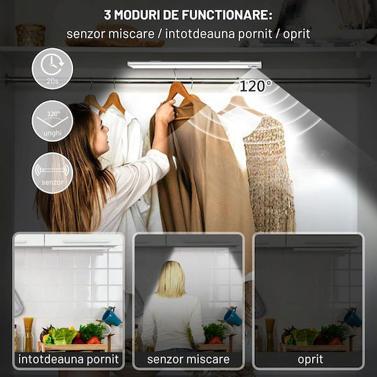 Dasbo Lampă Slim LED Cu Senzor De Mișcare Montare Magnetică LED-uri Puternice Wireless USB Reîncărcabilă Baterie Lumină Caldă Rece 3 Moduri De Iluminare 3000K-6000K Bucătărie Hol Cameră De Îmbrăcat Garaj Lungime 30 Cm