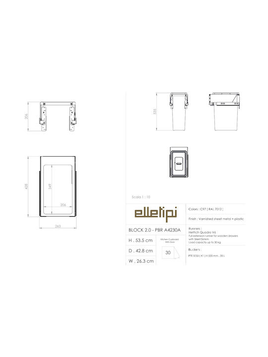 Elletipi Coș de Gunoi Plastic Gri 70lt 1buc