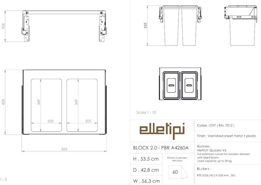 Elletipi Waste Bin Waste Plastic Gray 70lt 1pcs