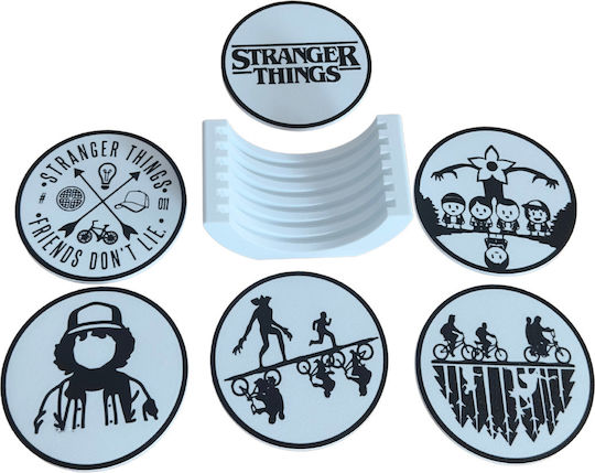 Stranger Things Coasters – Rotundă Suporturi pentru pahare Lemn cu Suport Maro 6buc