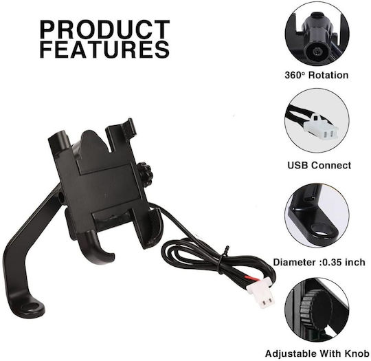 Smartphone Mirror Mount Motorcycle Usb Charging Black