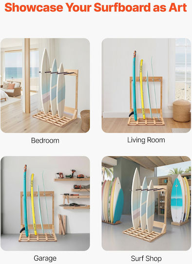 Vevor Vertical Surf Stand Wooden Surf Rack 4 Levels Storage Display Free Organization Base Holder Surf Wakeboards Snowboards Kiteboards Shortboard Ski