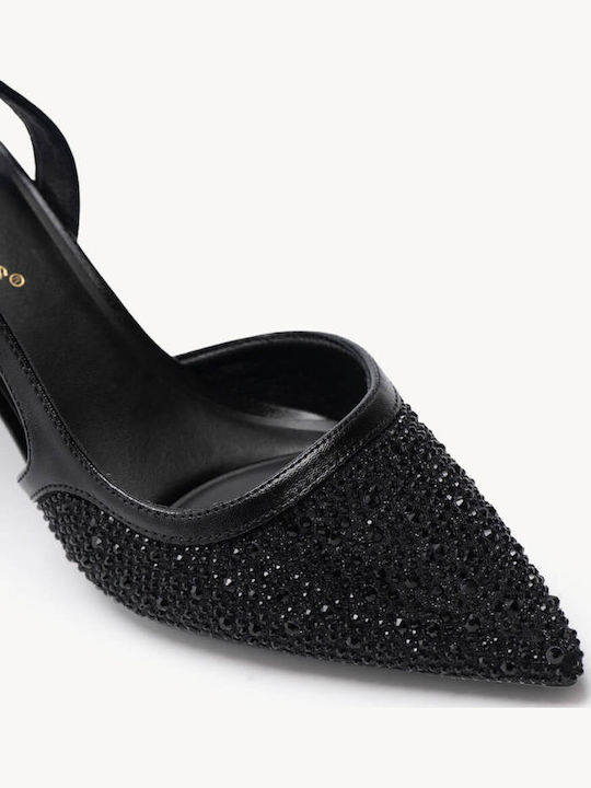 Μαύρες Μυτερές Γόβες Slingback Στρας Λεπτό Τακούνι