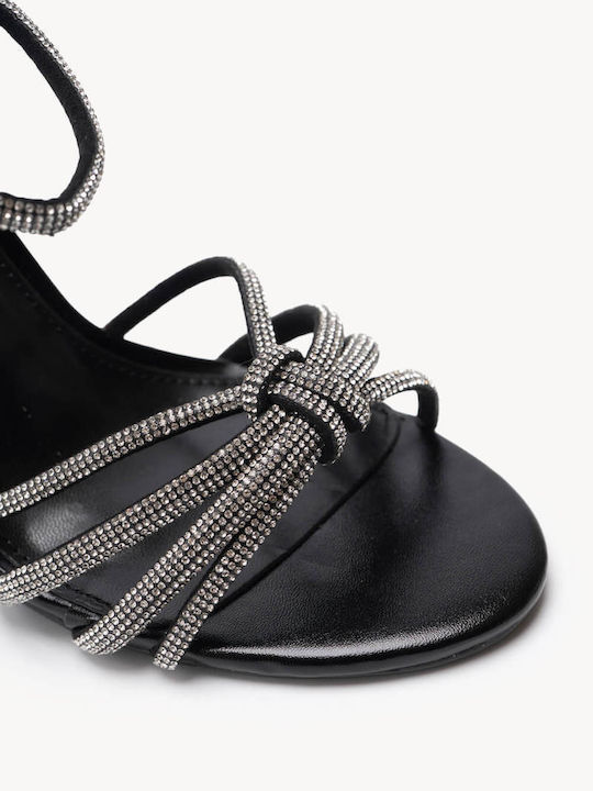 Black Evening Sandals with Strass Thin High Heel