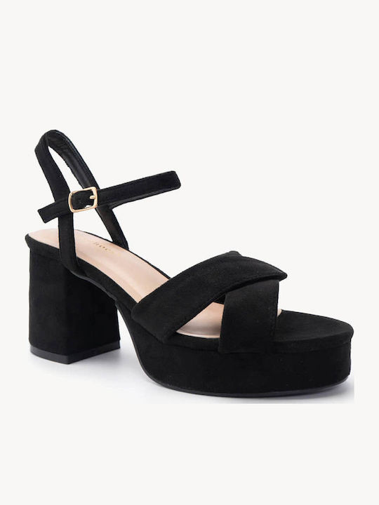 Sandale Elegante Damă Negru De Catifea Toc Gros Fiapă