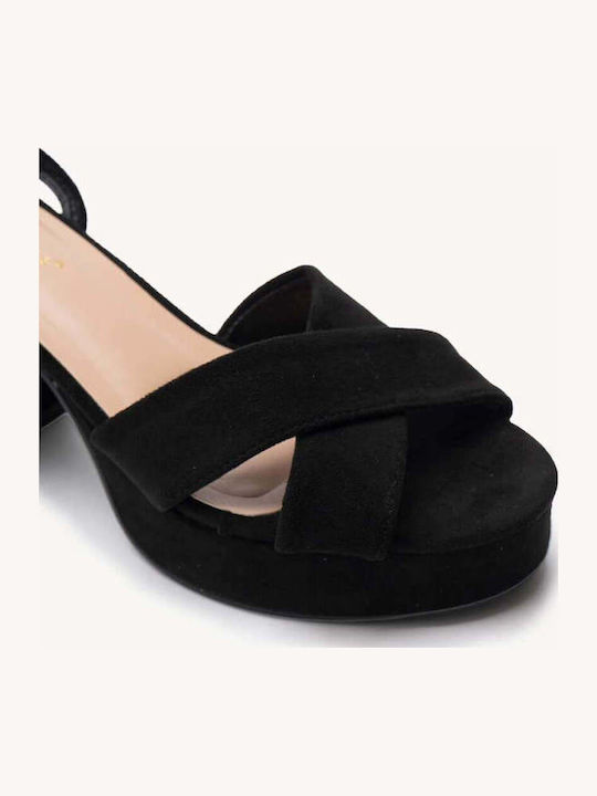Schwarze Wildleder Damen Sandalen mit Dickem Absatz Fiëpa