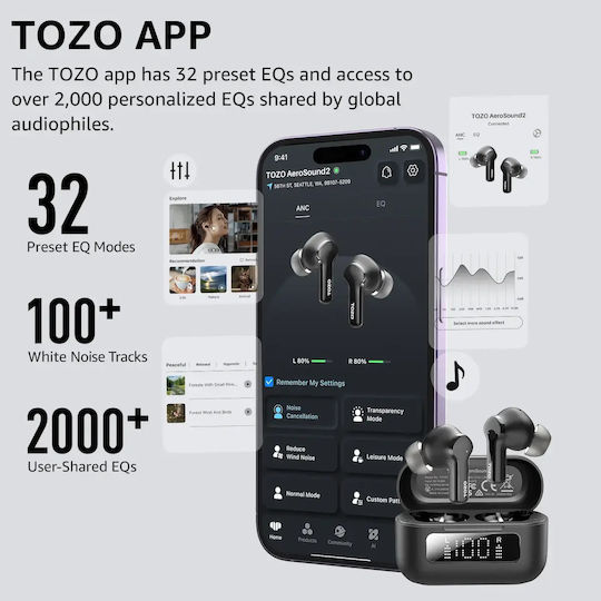 Tozo AeroSound 2 In-Ear Bluetooth-Freisprecheinrichtung Kopfhörer mit Schweißresistenz und Ladeetui Schwarz