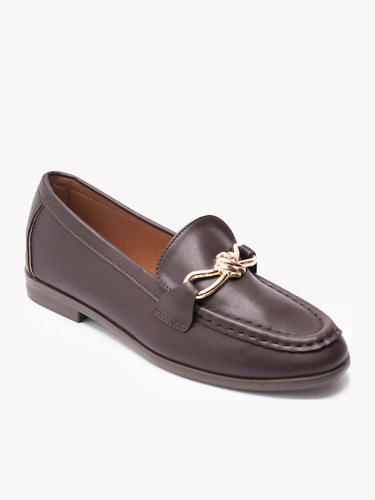 Brown Leather Loafers With Metal Ring Low Sole