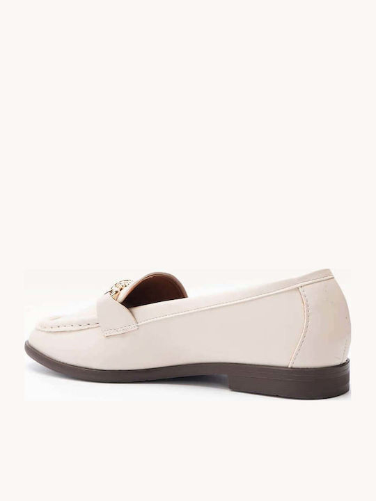 Loafers De Piele Bej Cu Inel Metalic Talpă Joasă