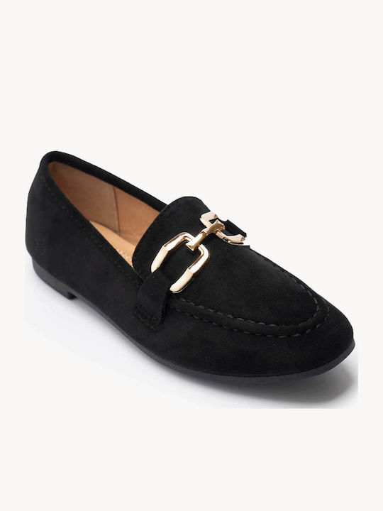 Μαύρα Suede Loafers Μεταλλική Αλυσίδα Χαμηλή Σόλα