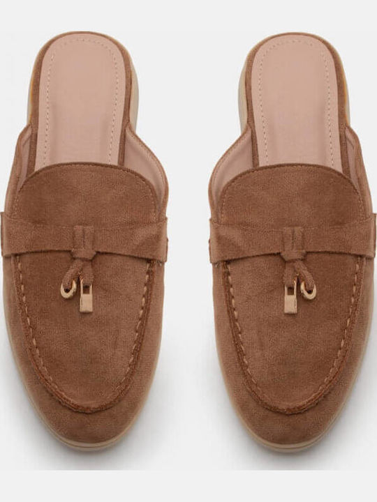 Flat Suede Mules in Brown Color