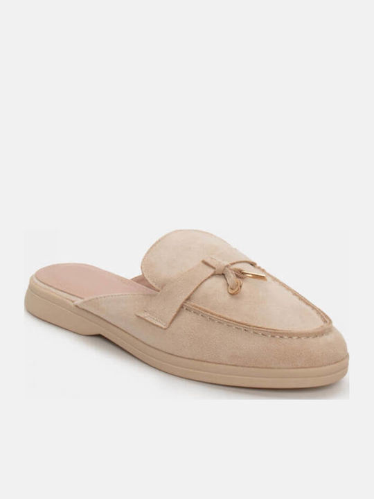 Flach Wildleder Mules in Beige Farbe