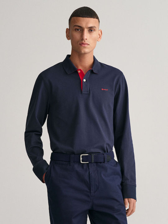Contrast Polo Long Sleeve Navy Blue Blouse