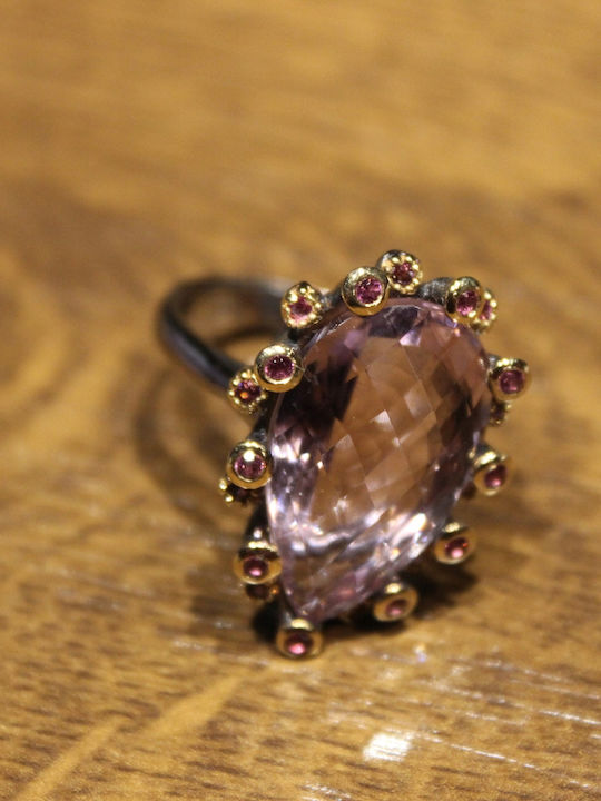 Artistic Silver Ring Natural Amethyst Garnets Size 15