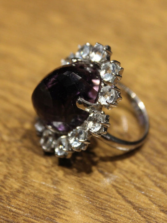 Artistic Silver Ring Natural Amethyst Aquamarines Size 13.5