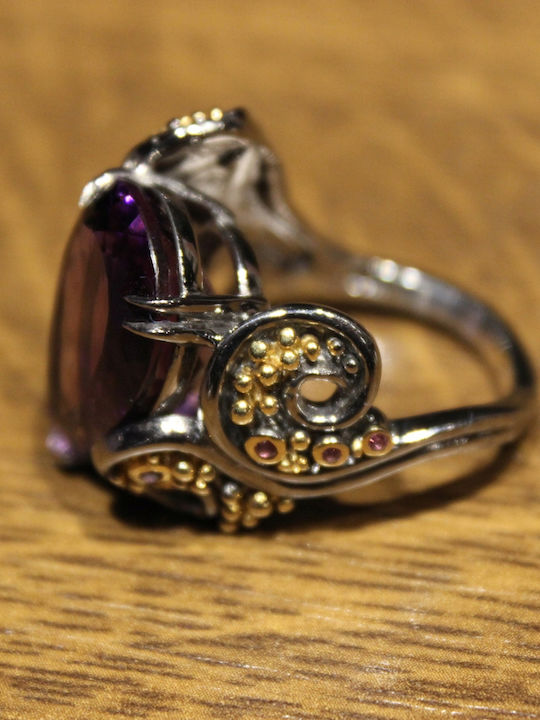 Künstlerischer Silberring Natürlicher Amethyst Granate Größe 17,5
