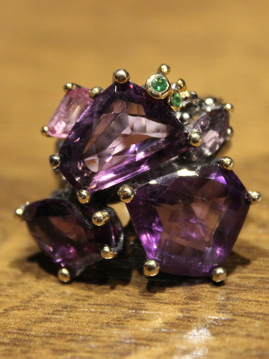 Artistic Silver Ring Natural Amethysts Spinels Diopsides Size 15