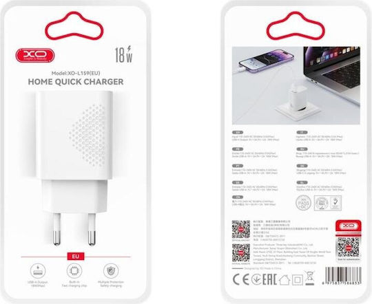 XO Încărcător cu Port USB-A și Cablu micro USB 18W Quick Charge 3.0 Albς (L159)