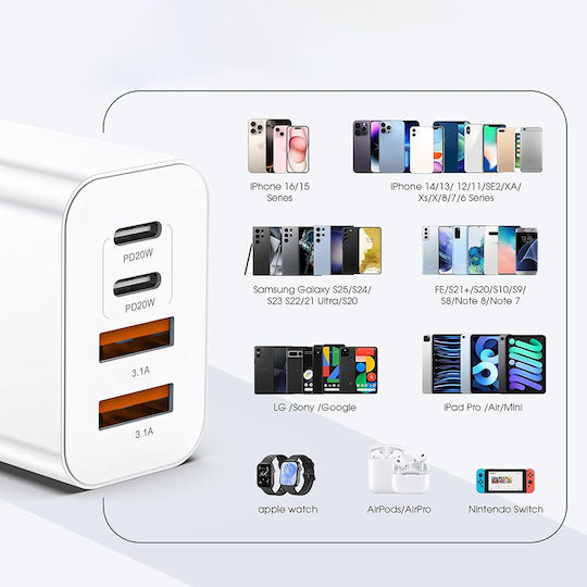 Techsuit Charger Without Cable with 2 USB-A Ports and 2 USB-C Ports 40W Power Delivery Whites (CH4)