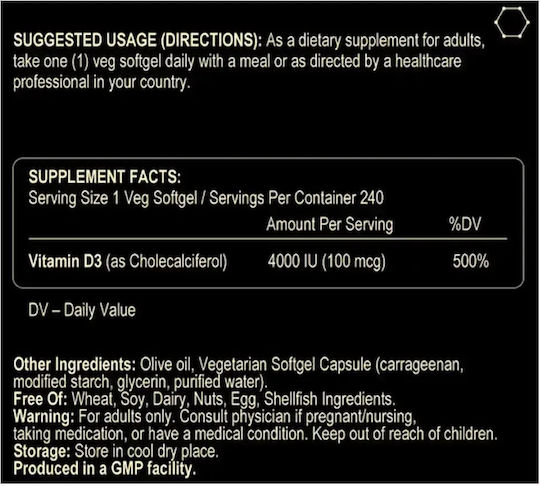 Fuel Up Vitamin D3 Vitamin for Immune System Boost & Bone Health 4000iu 240 softgels