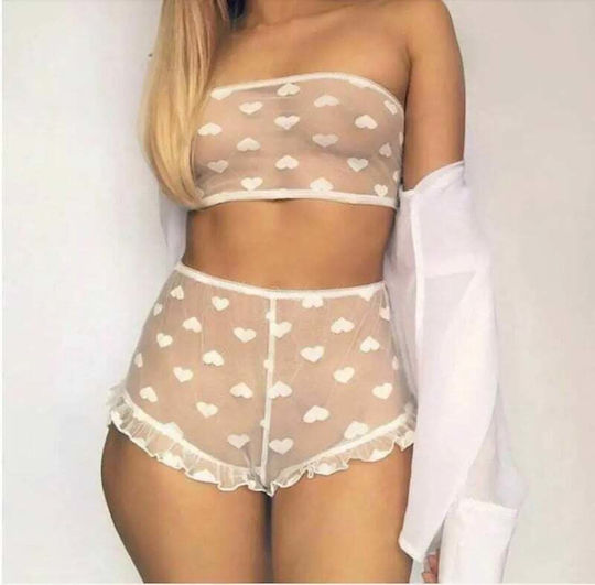 Women Sexy Mesh Heart-shaped Lingerie Set White Medium