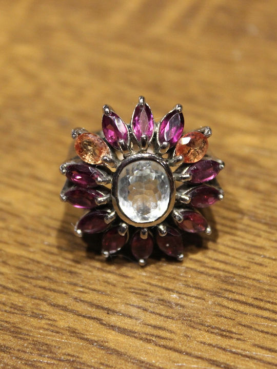 925 Silberring Mit Natürlichem Aquamarin Rhodolith Saphiren Größe 14.5