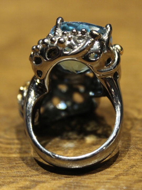 925 Silver Ring Natural Topaz Aquamarine Sapphires Size 16.5