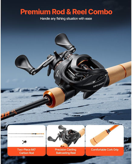 Fishing Rod and Reel Combo Vevor Baitcasting Im7 Carbon Fiber Sea Bass Fishing Rod System Bb 6+1 Gear Ratio 7.0:1 Cork Handle Stainless Steel Guides Ceramic Rings
