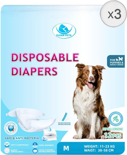 3 X 12 Pcs Clean Pets Diapers Female Dogs Medium Size M 38-58 Cm