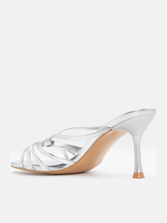 Women's Mules with Thin High Heel in Silver Color