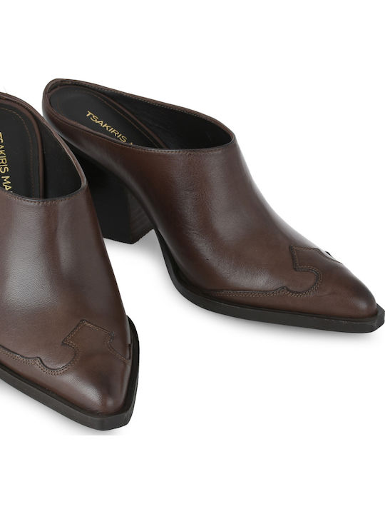 Leather Mules with High Heel in Brown Color