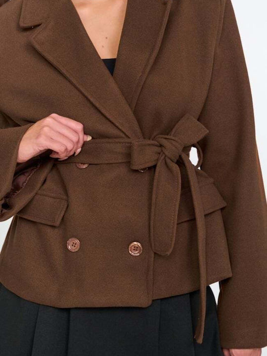 Γυναικείο Καφέ Παλτό με Ζώνη