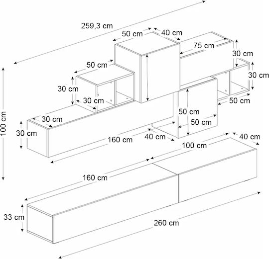 Wohnzimmer TV-Einheit Tromen Schwarz L260xB40xH33cm