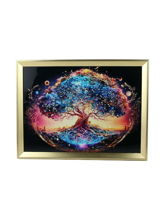 Relief Effekt Gemälde Baum Leben Kiesel in Goldenen Rahmen 40x30 cm