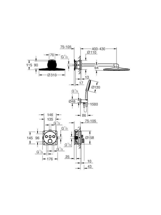 Grohe Σετ Μίκτης, Τηλέφωνο & Κεφαλή Ντουζ Εντοιχισμού για Ντουζιέρα 3 Εξόδων Ασημί