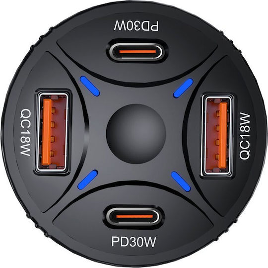 Wozinsky Φορτιστής Αυτοκινήτου 60W 2.5A με Θύρες: 2xUSB 2xType-C Μαύρο Χρώμα
